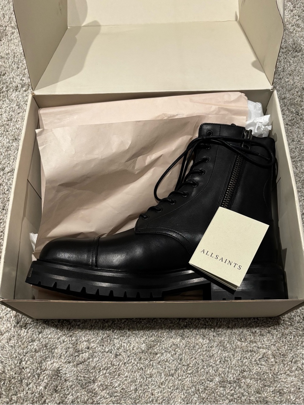 AllSaints Black Leather Lug Sole Zip Combat Boots